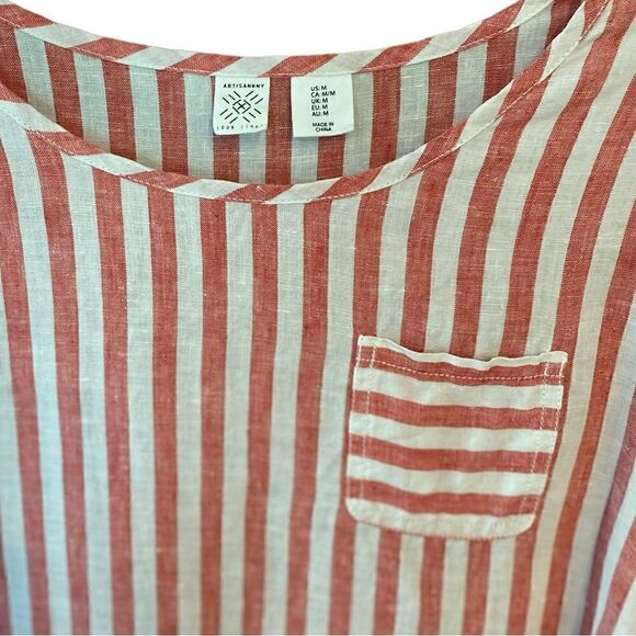 Artisan NY Sz M Red Striped Relaxed Short Sleeve Linen Flowy Summer Blouse - Picture 4 of 6